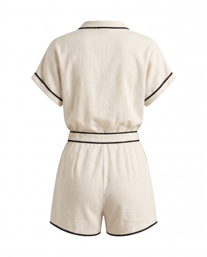 SOLACEWhite Linen Blend Contrast Collared Neck Short Sleeve Blouse Top
