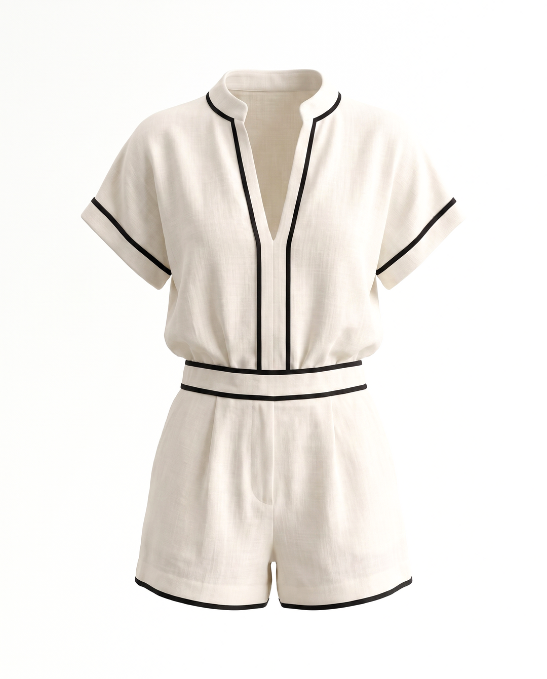 SOLACEWhite Linen Blend Contrast Piping High Waist Shorts