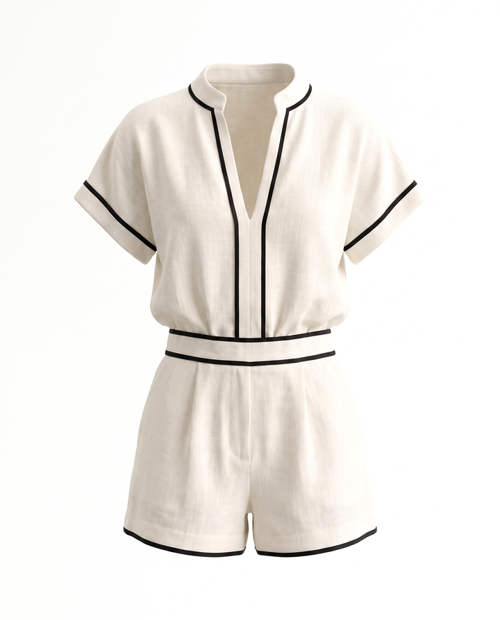 SOLACEWhite Linen Blend Contrast Piping High Waist Shorts