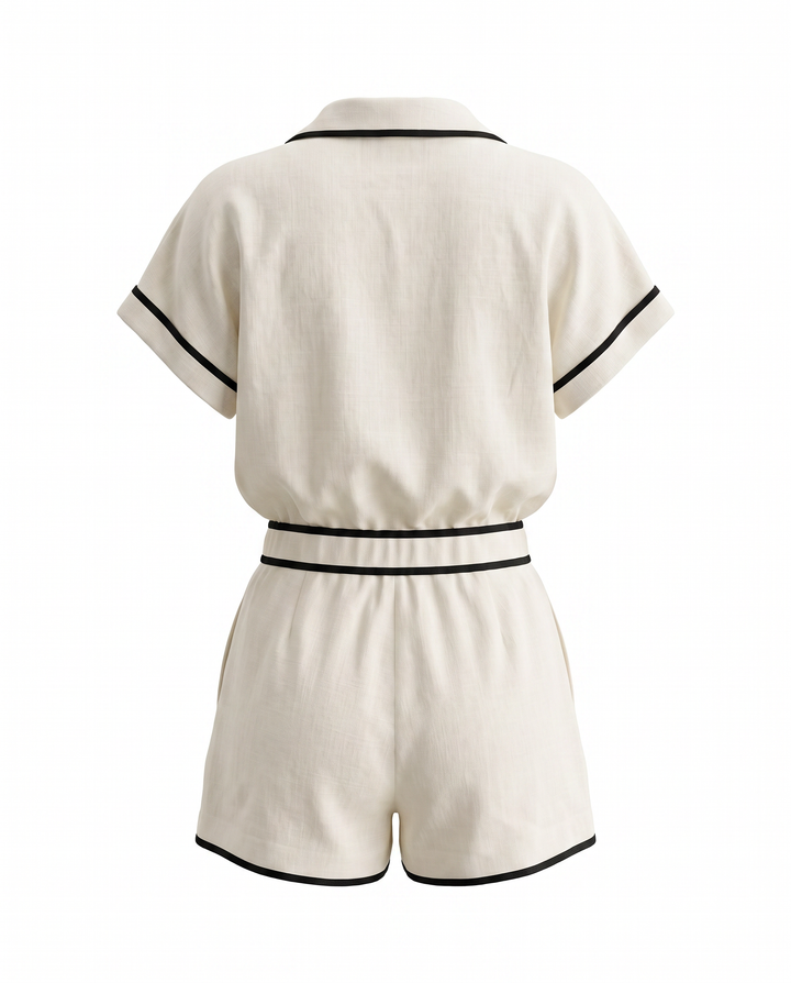 SOLACEWhite Linen Blend Contrast Piping High Waist Shorts