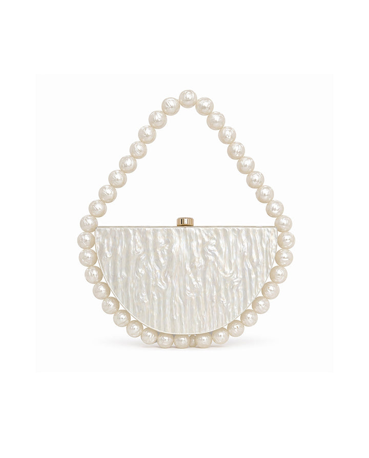 SOLACEWhite Marbled Acrylic Half Moon Pearl Top Handle Hard Clutch Bag