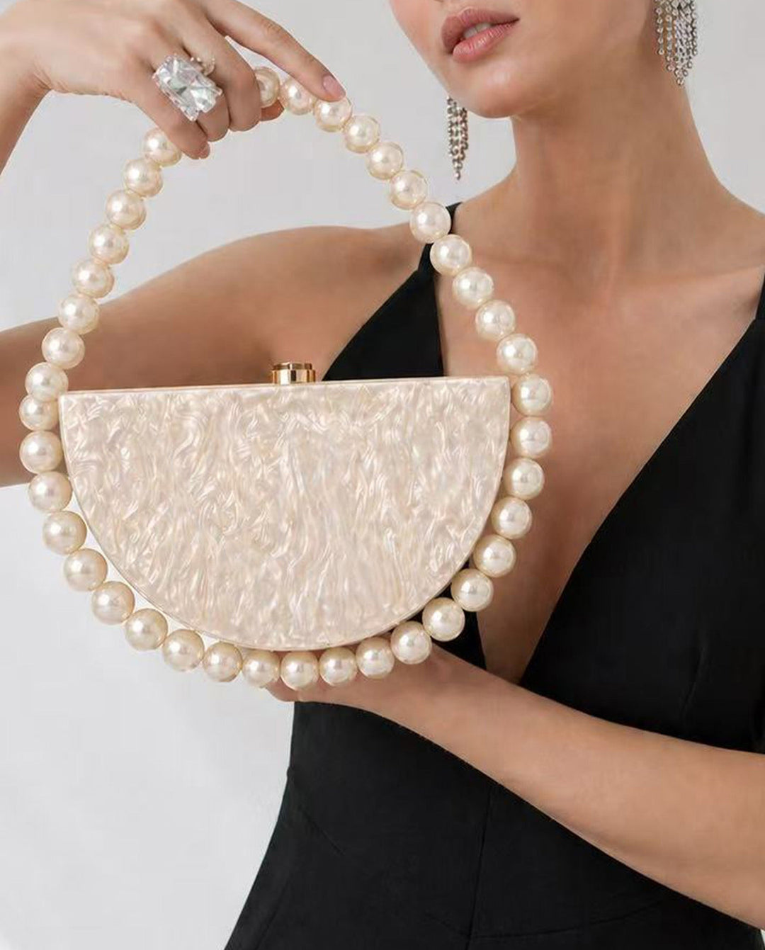 SOLACEWhite Marbled Acrylic Half Moon Pearl Top Handle Hard Clutch Bag