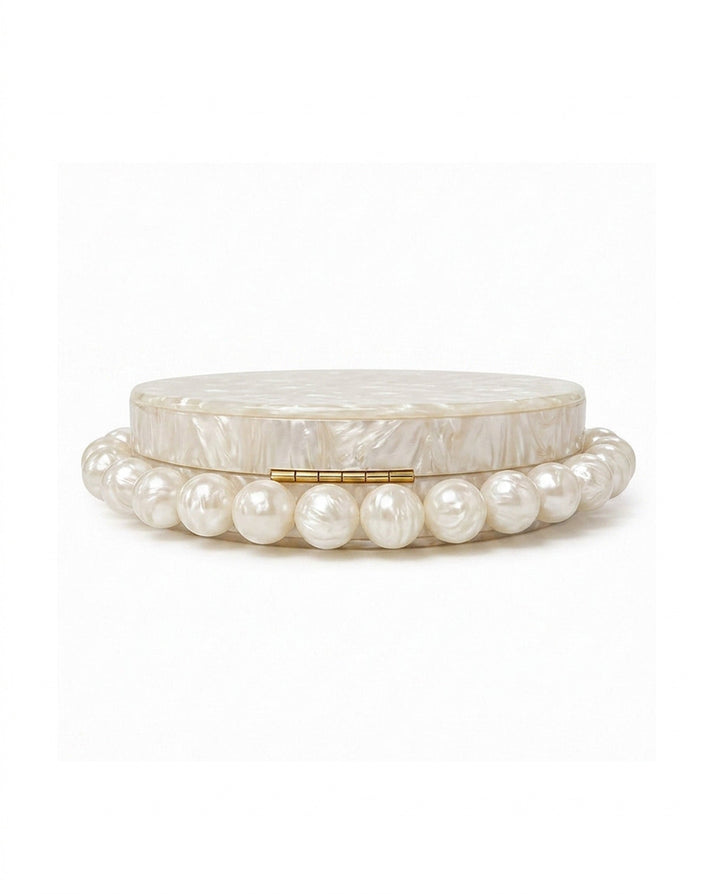 SOLACEWhite Marbled Acrylic Half Moon Pearl Top Handle Hard Clutch Bag