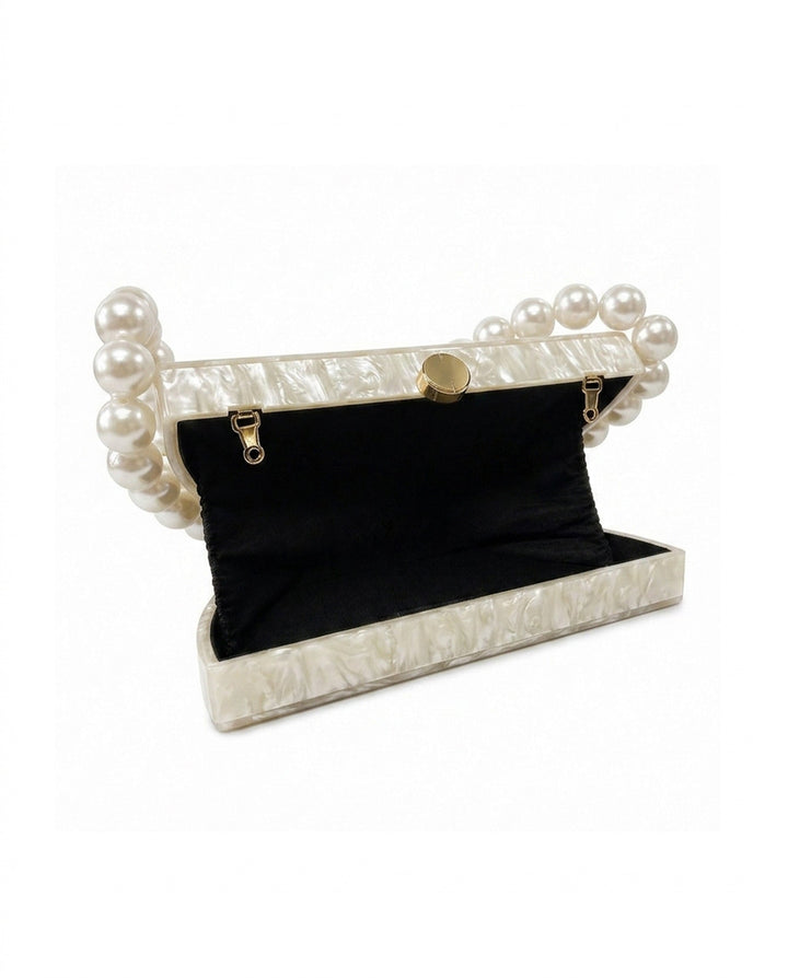 SOLACEWhite Marbled Acrylic Half Moon Pearl Top Handle Hard Clutch Bag