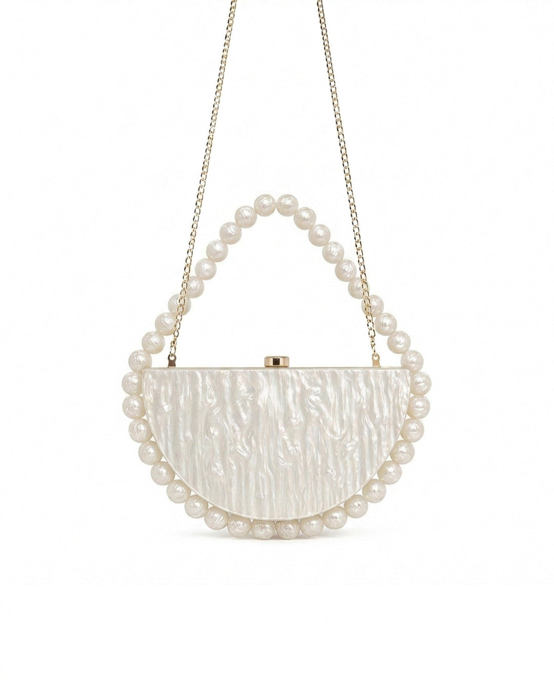 SOLACEWhite Marbled Acrylic Half Moon Pearl Top Handle Hard Clutch Bag