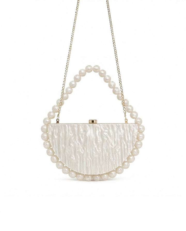 SOLACEWhite Marbled Acrylic Half Moon Pearl Top Handle Hard Clutch Bag