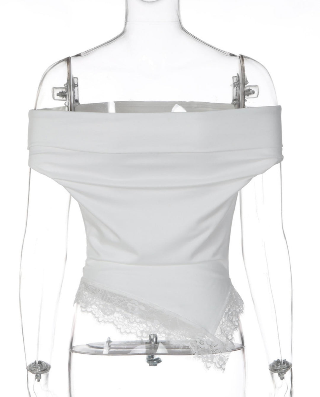 SOLACEWhite Off-Shoulder Lace Trimmed Asymmetric Hem Top