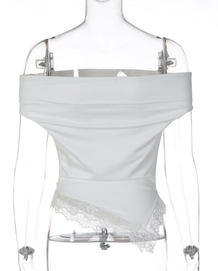 SOLACEWhite Off-Shoulder Lace Trimmed Asymmetric Hem Top