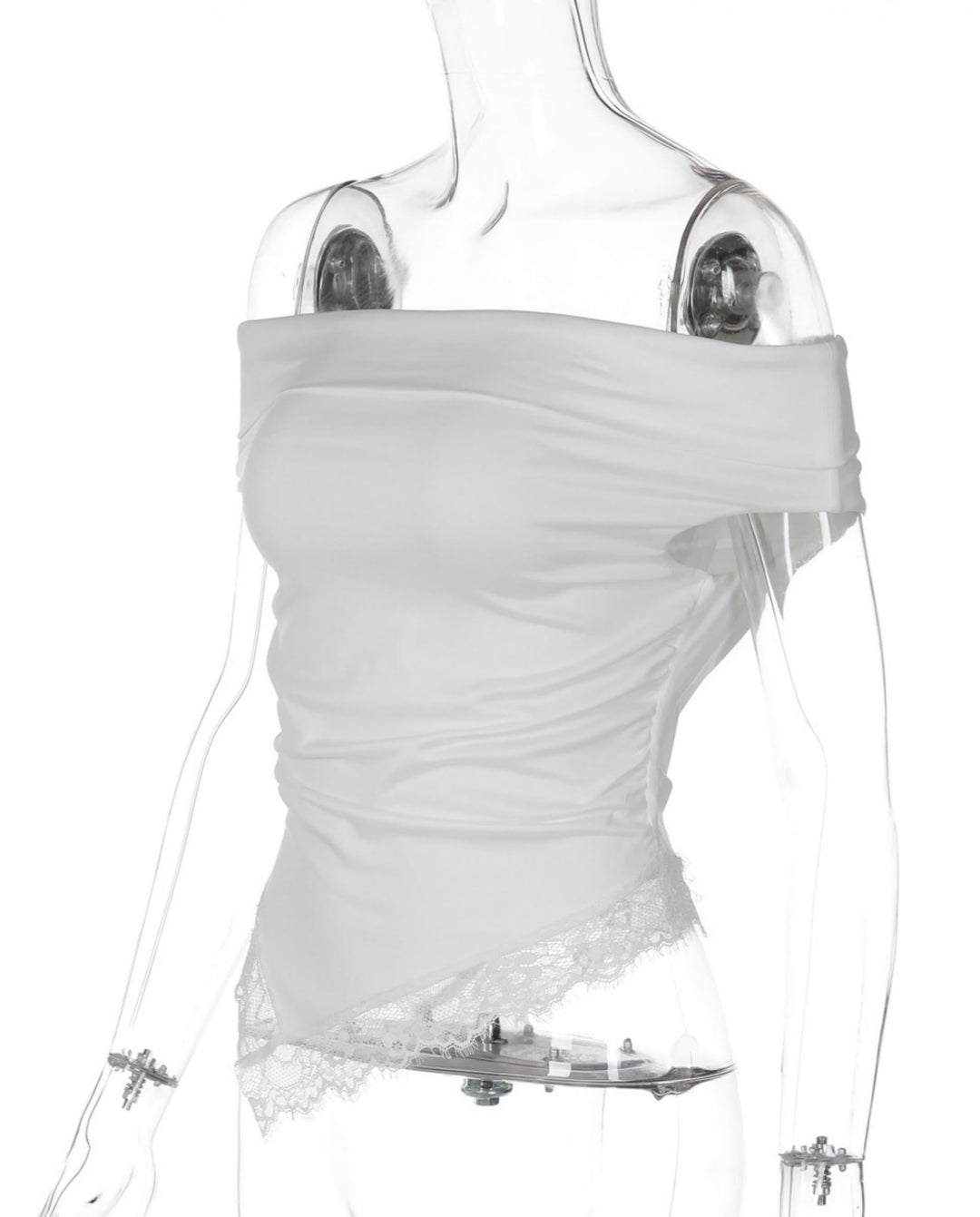 SOLACEWhite Off-Shoulder Lace Trimmed Asymmetric Hem Top