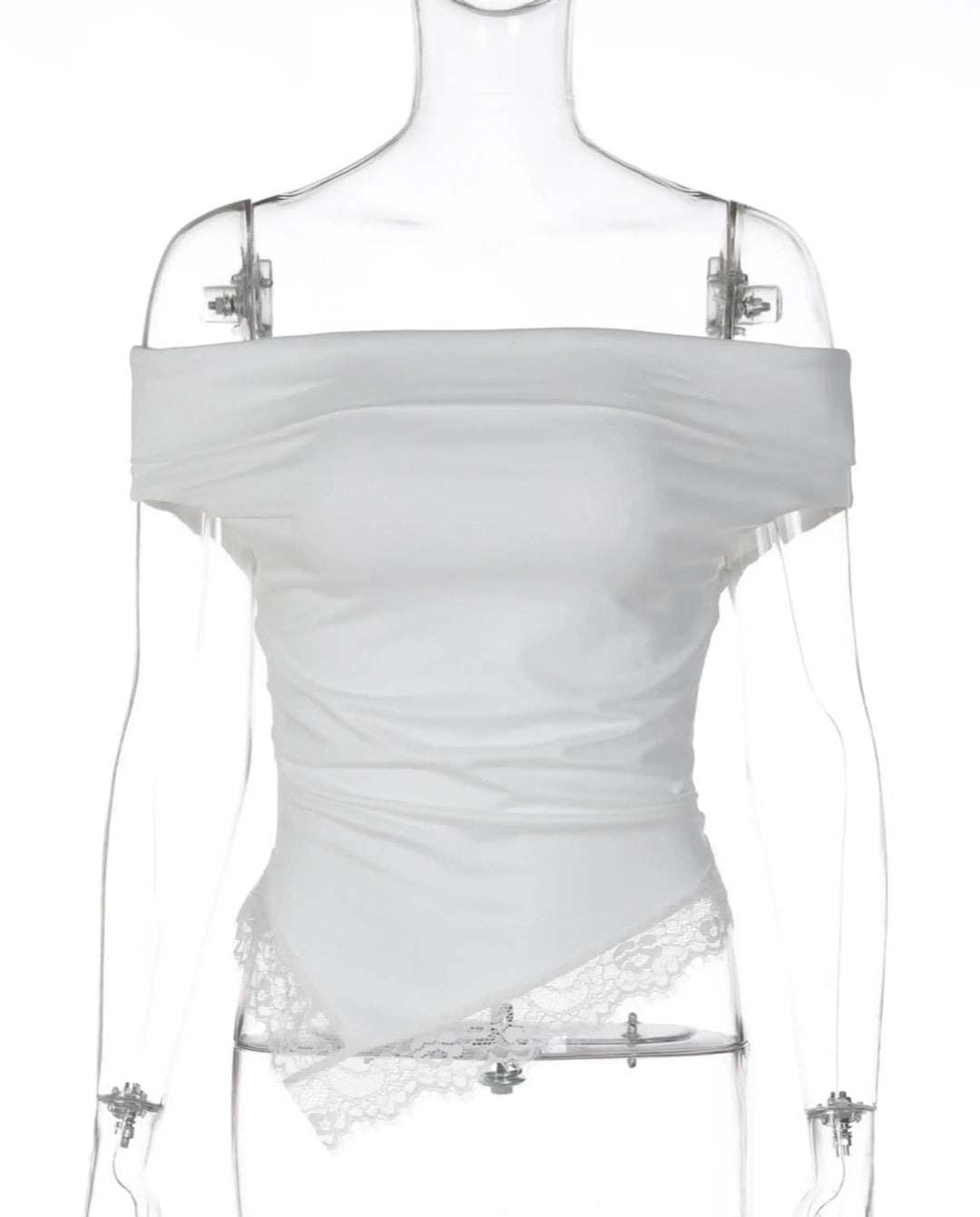 SOLACEWhite Off-Shoulder Lace Trimmed Asymmetric Hem Top
