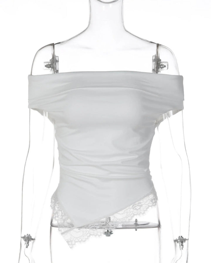 SOLACEWhite Off-Shoulder Lace Trimmed Asymmetric Hem Top