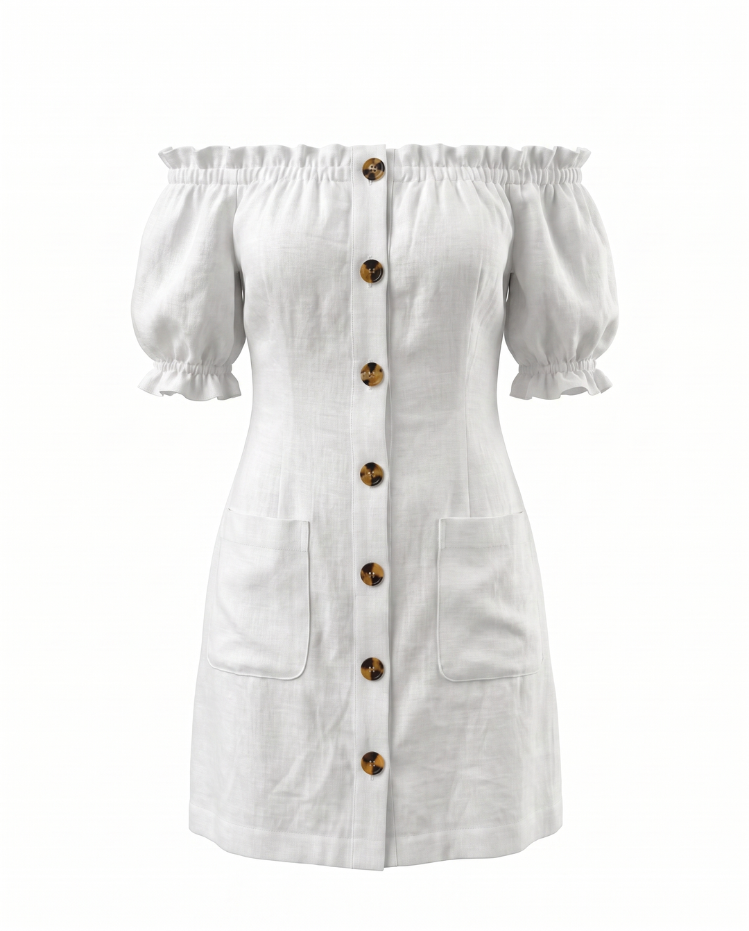 SOLACEWhite Off Shoulder Puff Sleeve Button Front Linen Blend Pocket Mini Dress