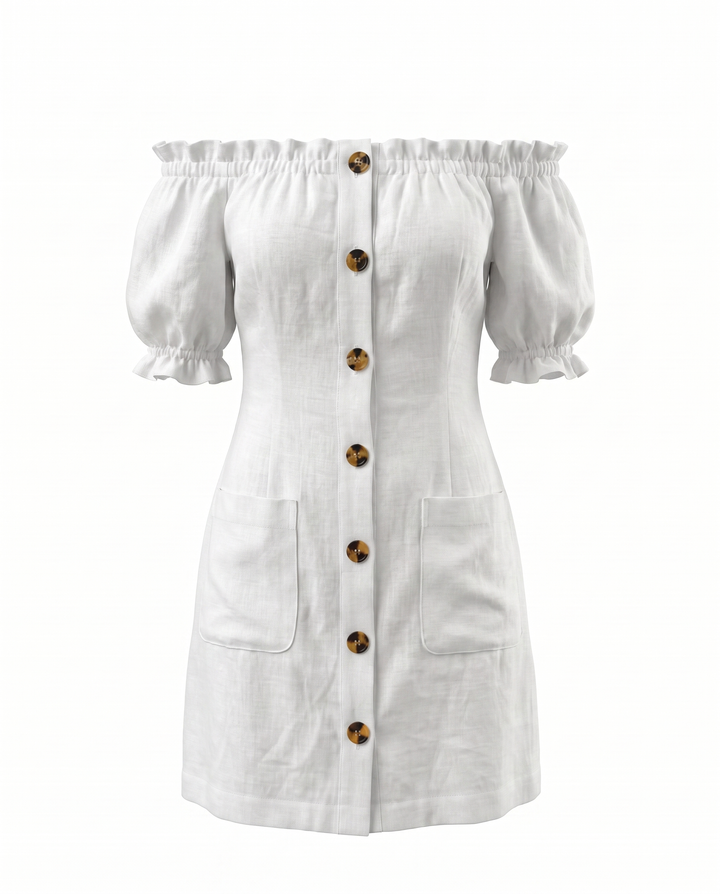 SOLACEWhite Off Shoulder Puff Sleeve Button Front Linen Blend Pocket Mini Dress