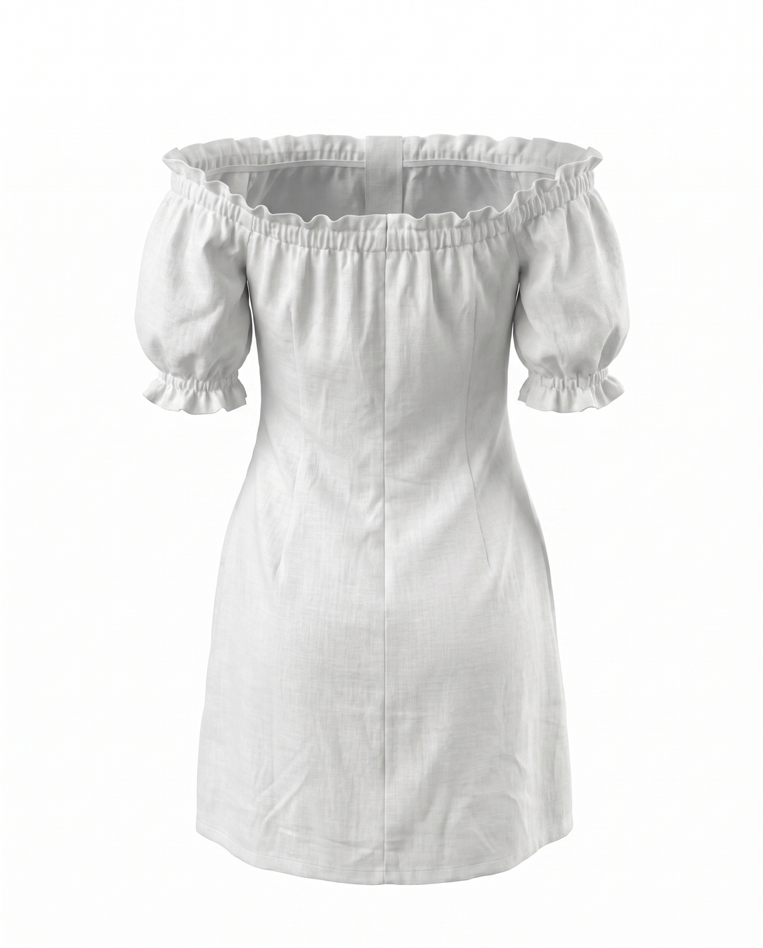 SOLACEWhite Off Shoulder Puff Sleeve Button Front Linen Blend Pocket Mini Dress