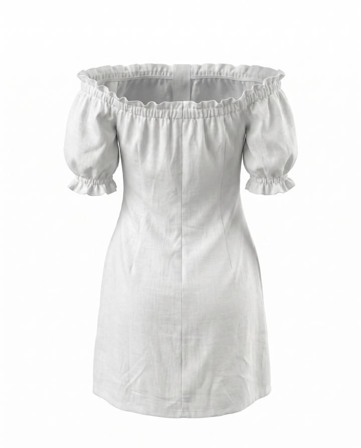 SOLACEWhite Off Shoulder Puff Sleeve Button Front Linen Blend Pocket Mini Dress
