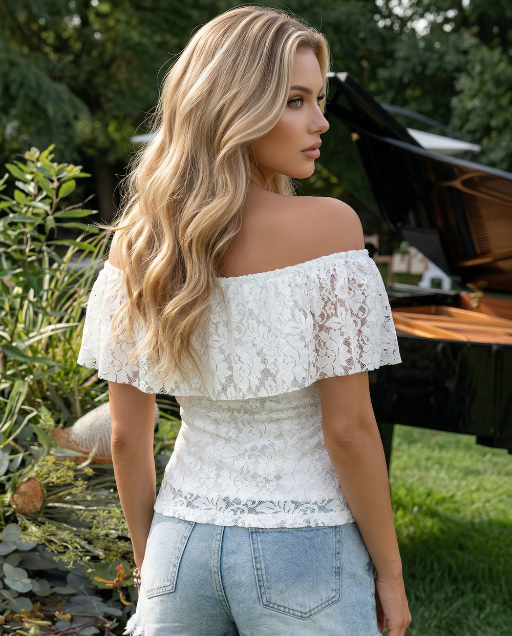 SOLACEWhite Off-Shoulder Ruffle Lace Crop Top