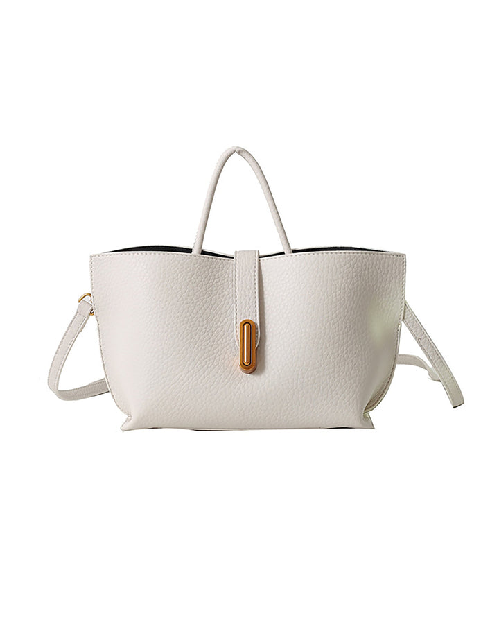 SOLACEWhite Pebbled Faux Leather Vertical Gold Bar Buckle Mini Tote Crossbody Bag