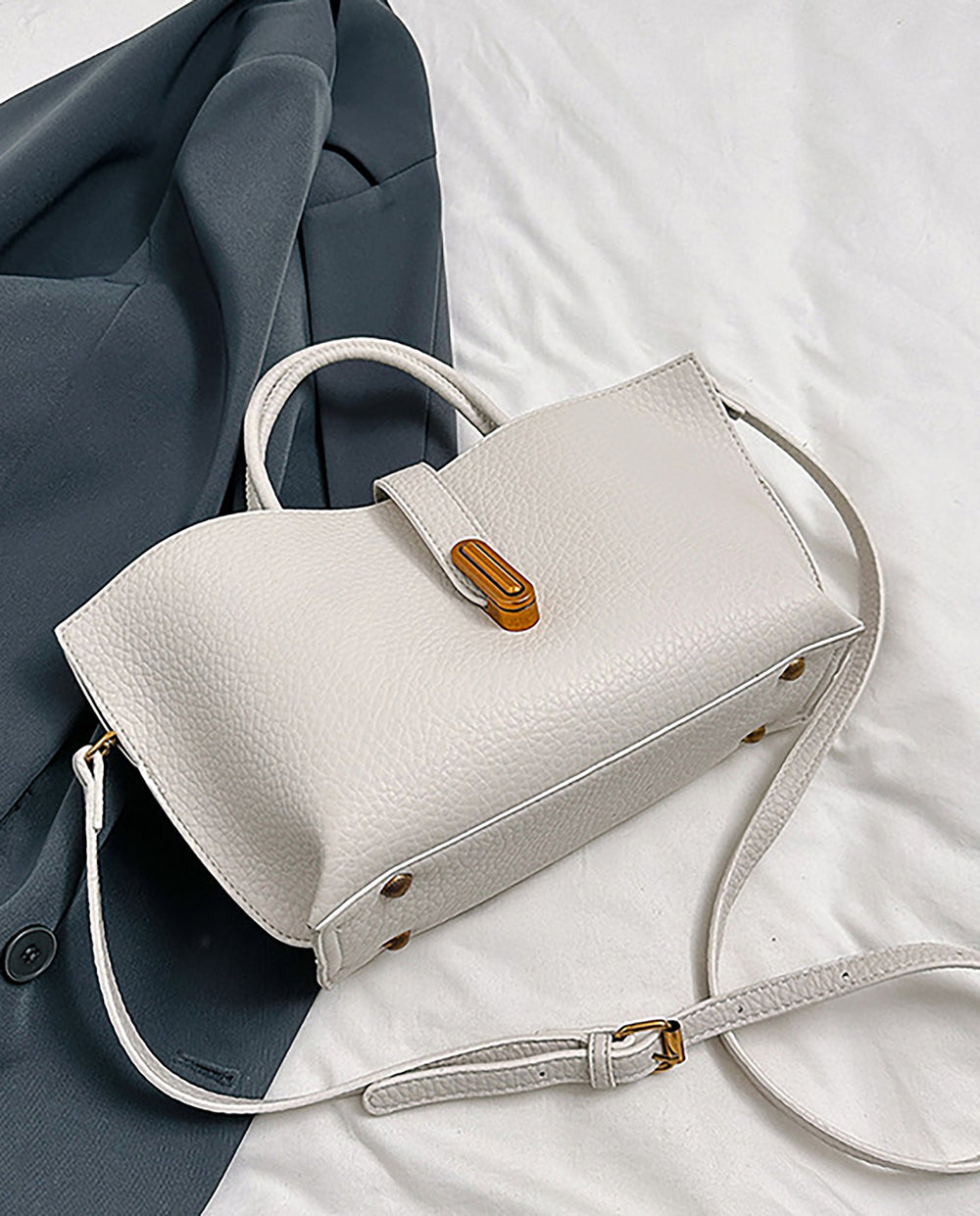 SOLACEWhite Pebbled Faux Leather Vertical Gold Bar Buckle Mini Tote Crossbody Bag