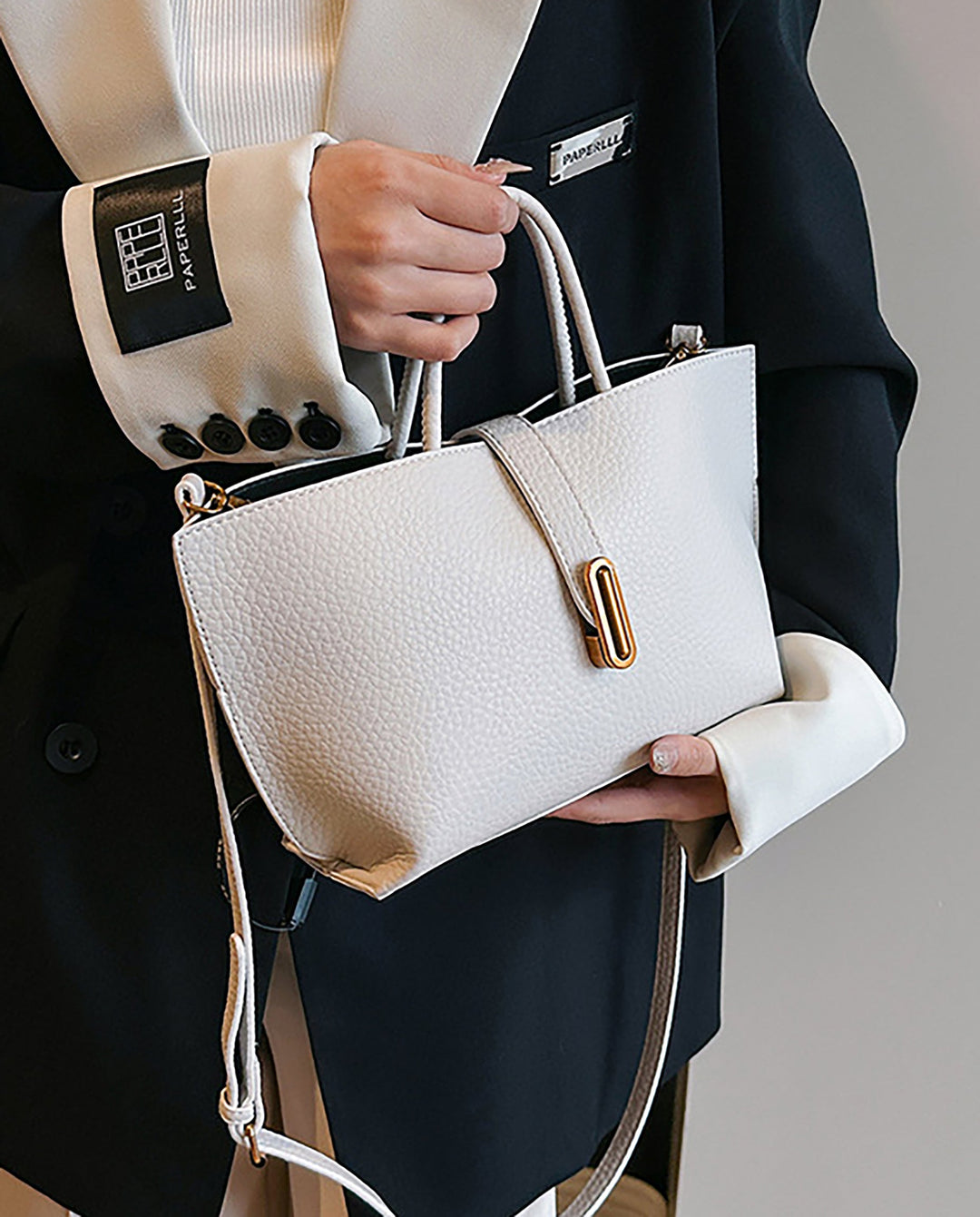 SOLACEWhite Pebbled Faux Leather Vertical Gold Bar Buckle Mini Tote Crossbody Bag