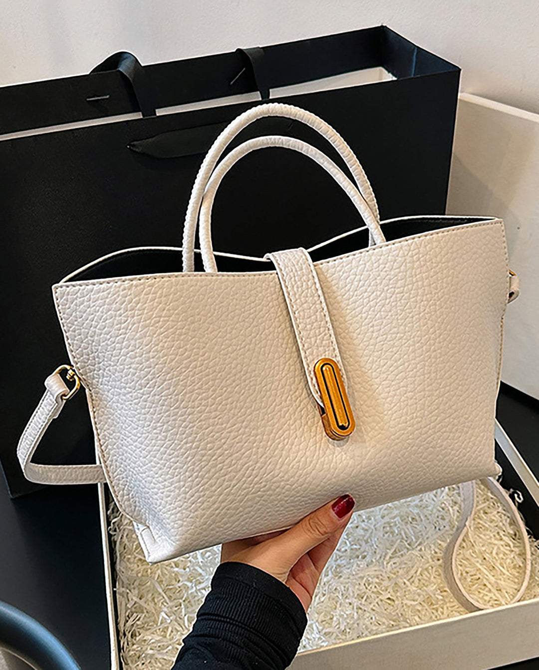SOLACEWhite Pebbled Faux Leather Vertical Gold Bar Buckle Mini Tote Crossbody Bag