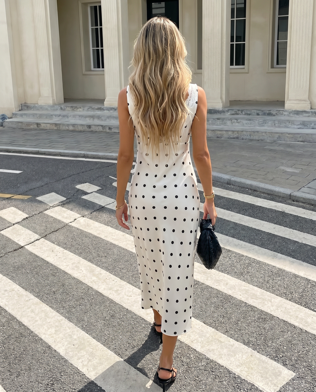SOLACEWhite Polka Dot Lace Trim Midi Dress