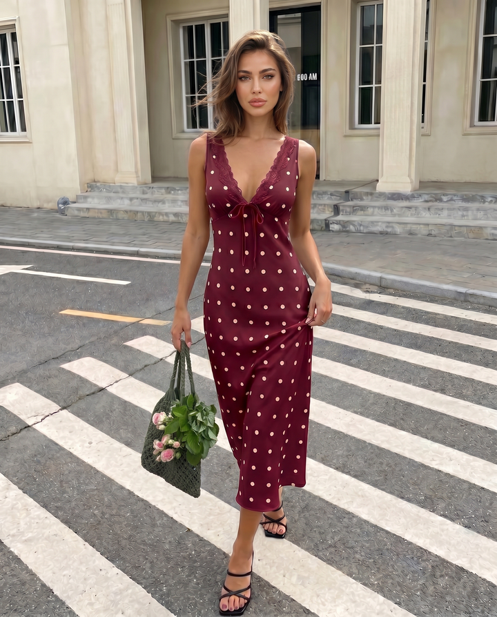 SOLACEWhite Polka Dot Lace Trim Midi Dress