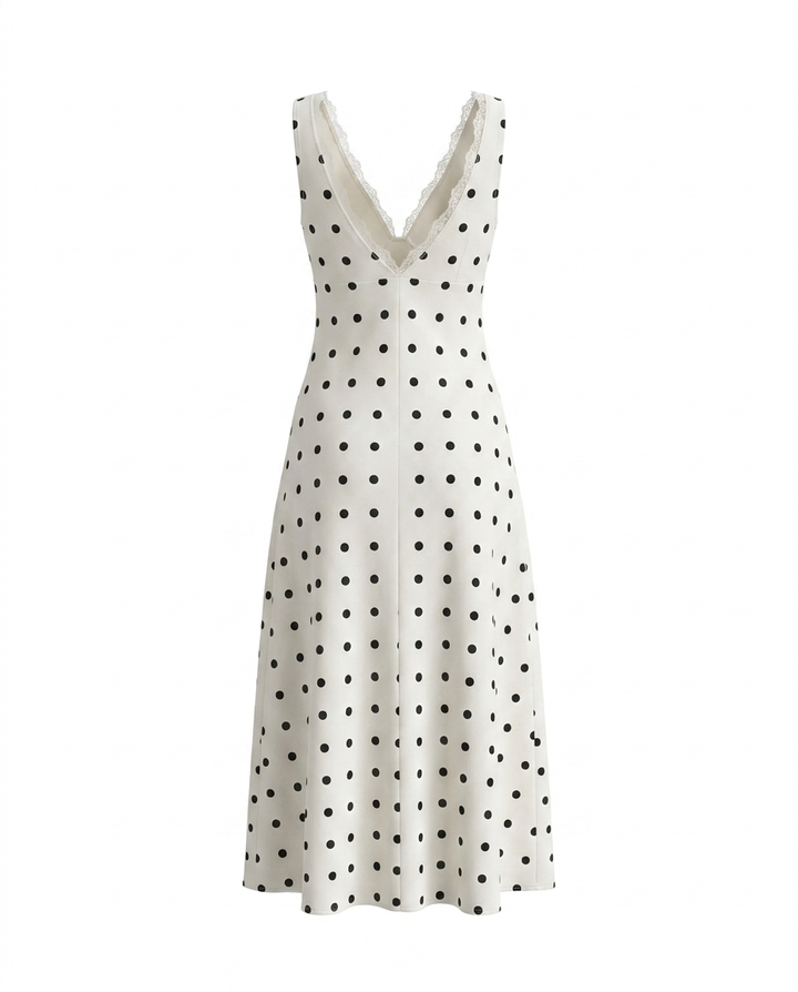 SOLACEWhite Polka Dot Lace Trim Midi Dress