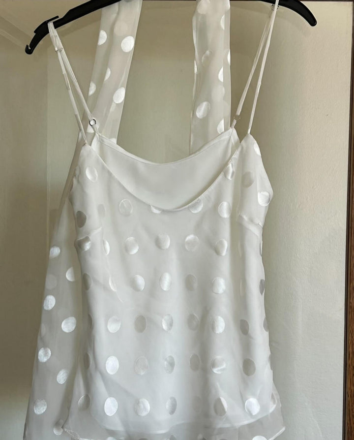 SOLACEWhite Polka Dot Sheer Spaghetti Strap Cami Top