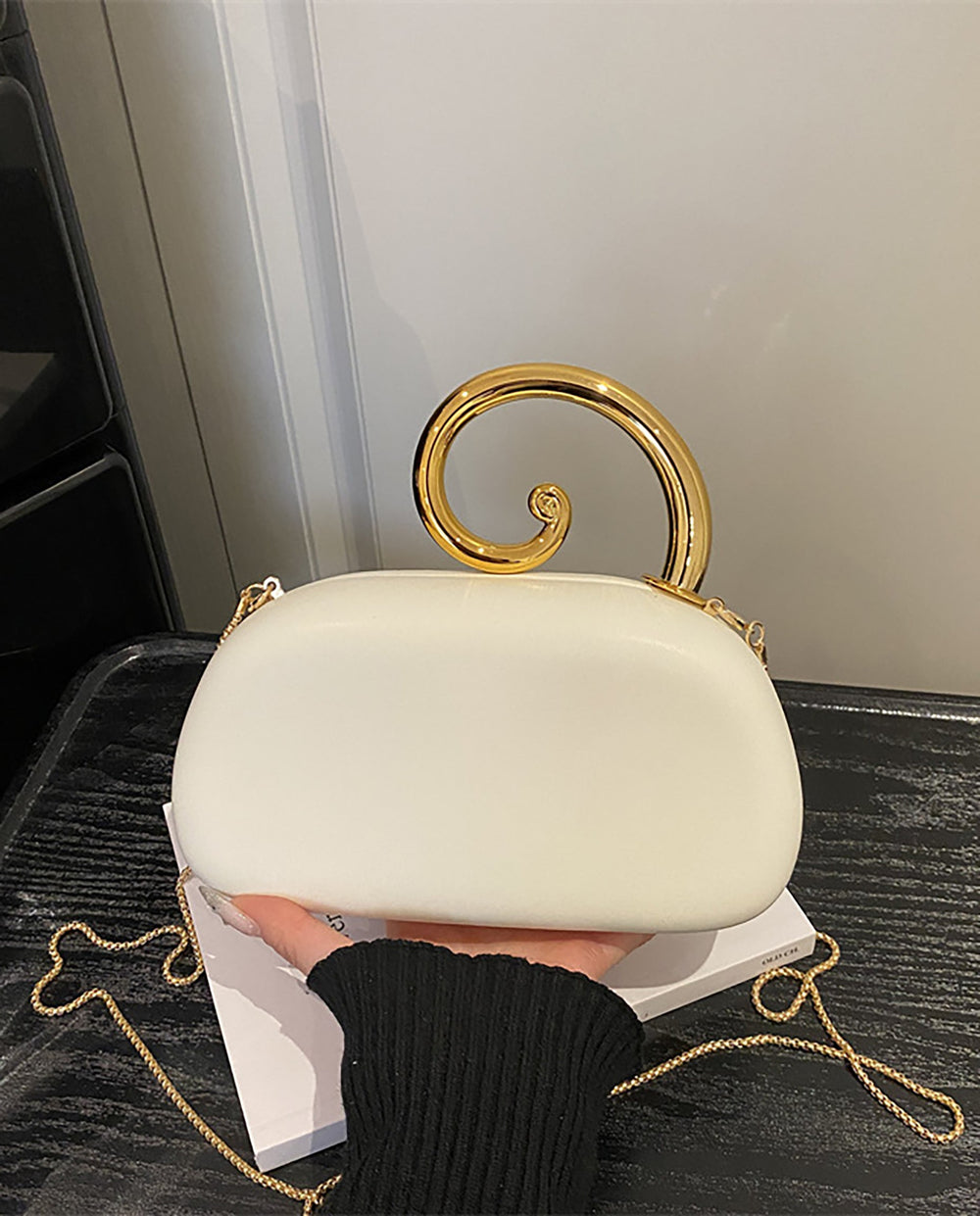SOLACEWhite Satin Hard Case Spiral Gold Handle Chain Crossbody Clutch Bag