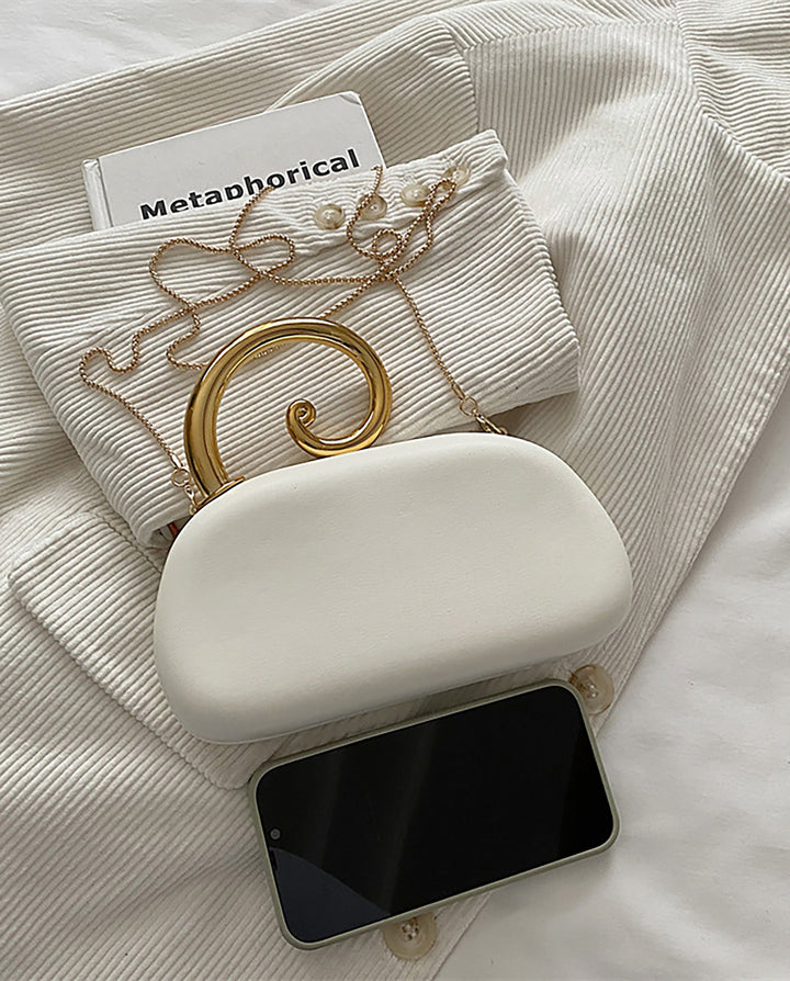 SOLACEWhite Satin Hard Case Spiral Gold Handle Chain Crossbody Clutch Bag