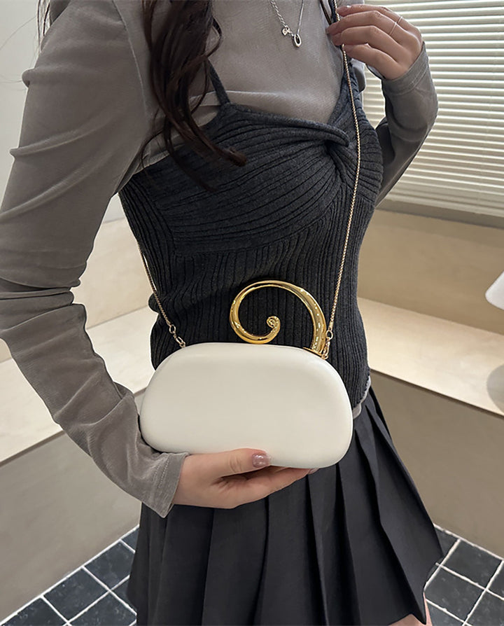 SOLACEWhite Satin Hard Case Spiral Gold Handle Chain Crossbody Clutch Bag
