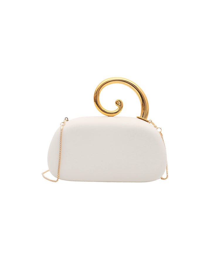 SOLACEWhite Satin Hard Case Spiral Gold Handle Chain Crossbody Clutch Bag