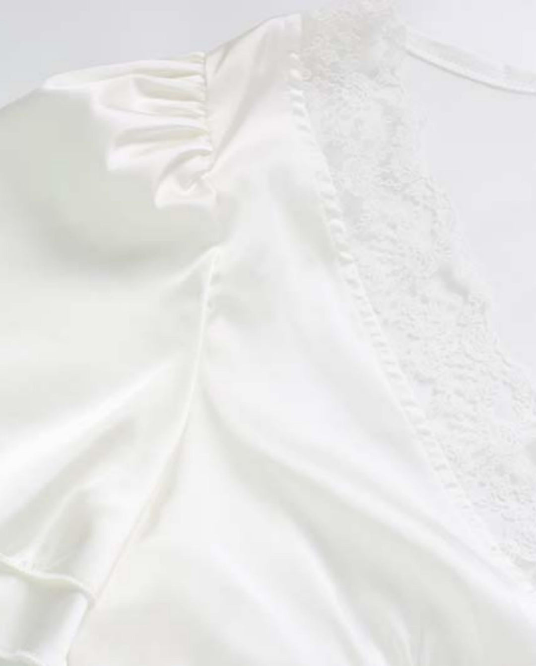 SOLACEWhite Satin Lace Trim V-Neck Short Sleeve Blouse