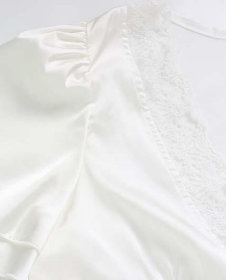 SOLACEWhite Satin Lace Trim V-Neck Short Sleeve Blouse