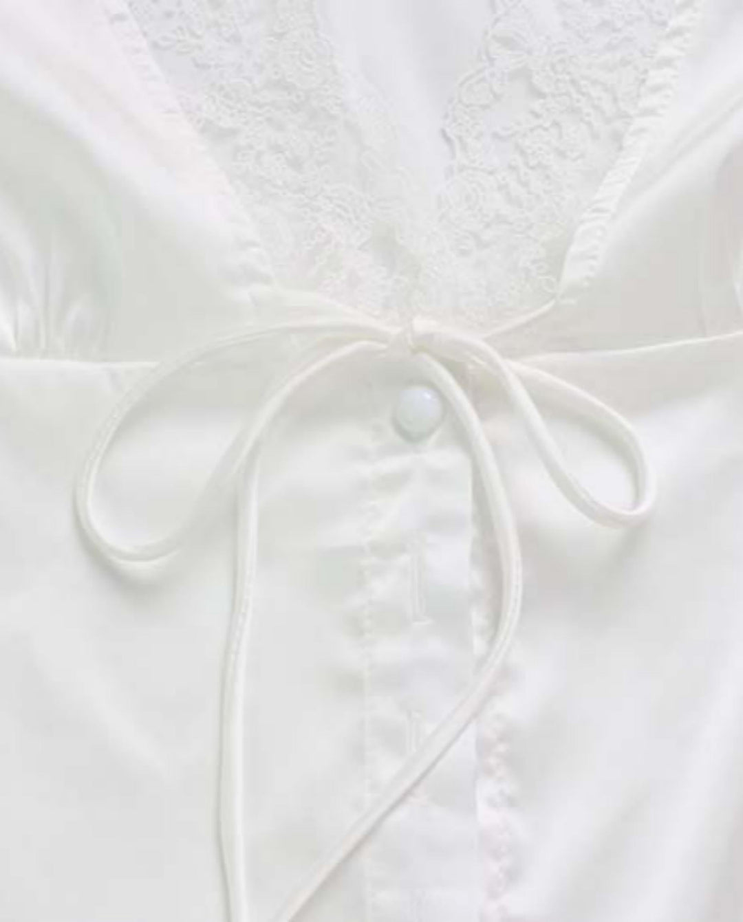 SOLACEWhite Satin Lace Trim V-Neck Short Sleeve Blouse