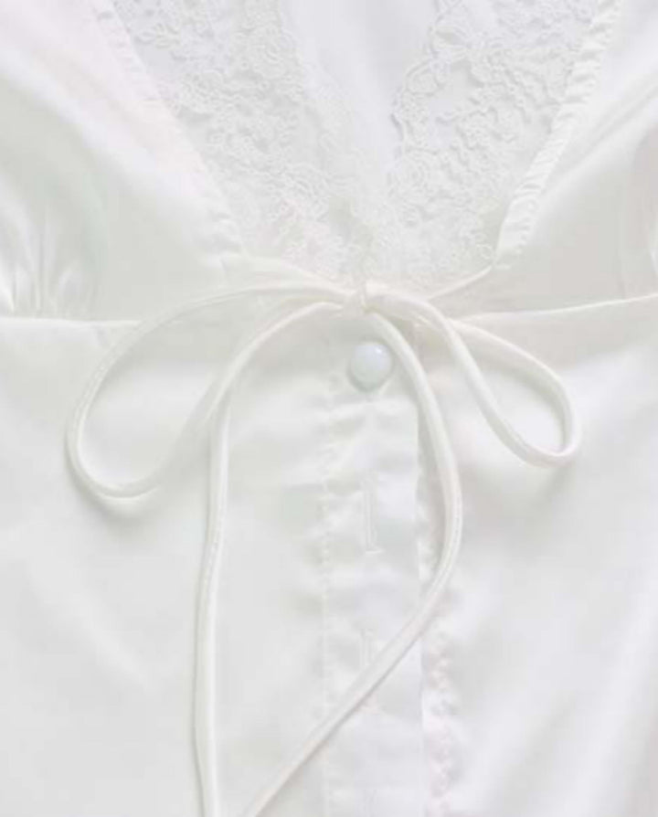 SOLACEWhite Satin Lace Trim V-Neck Short Sleeve Blouse