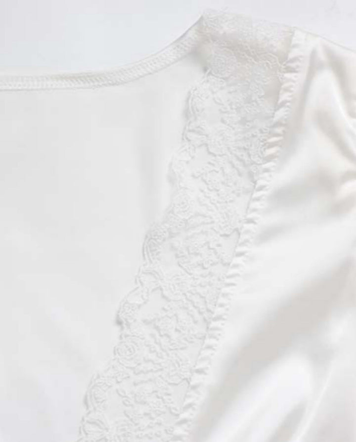 SOLACEWhite Satin Lace Trim V-Neck Short Sleeve Blouse