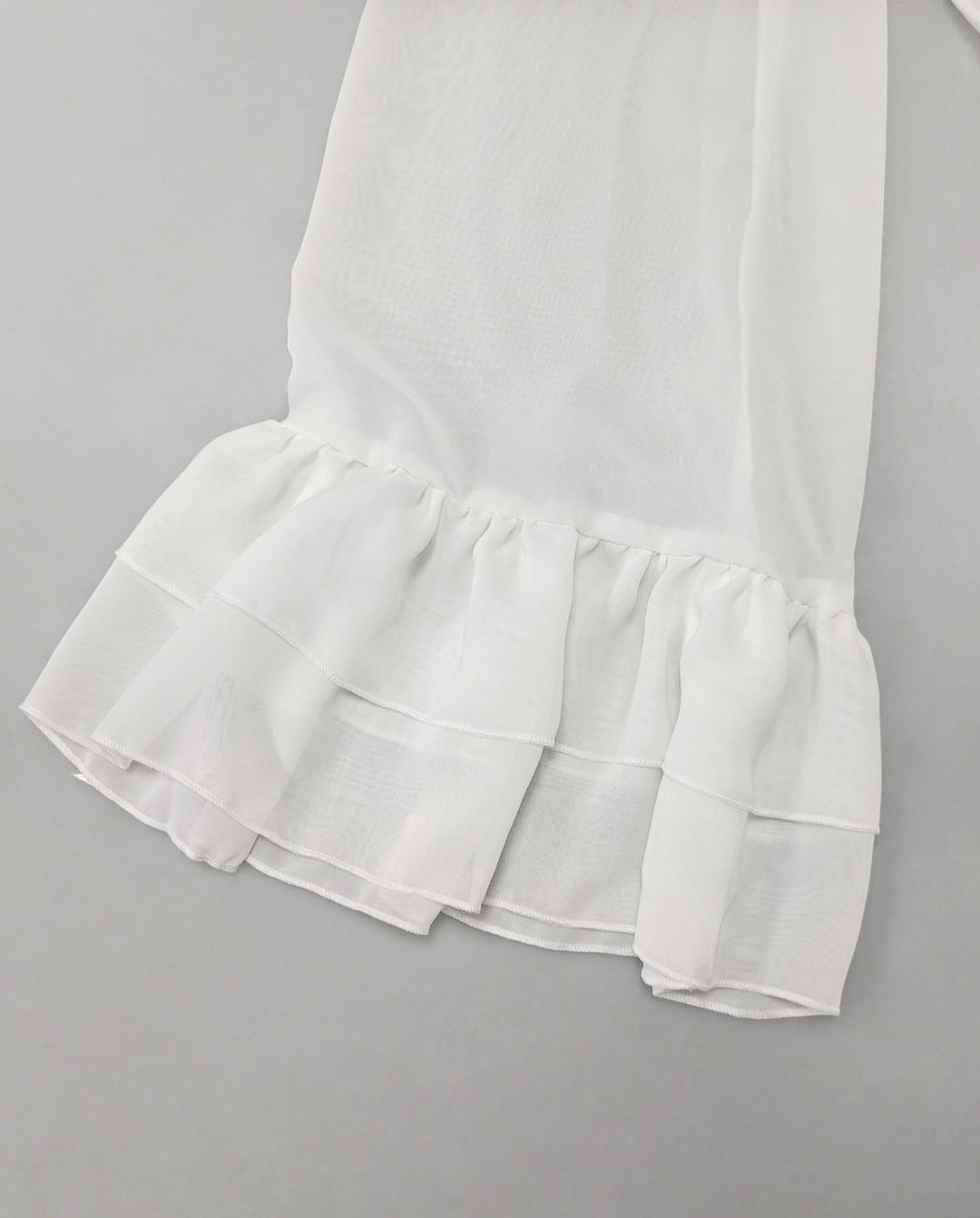 SOLACEWhite Sheer Chiffon Bow Neck Ruffled Cuffs Blouse
