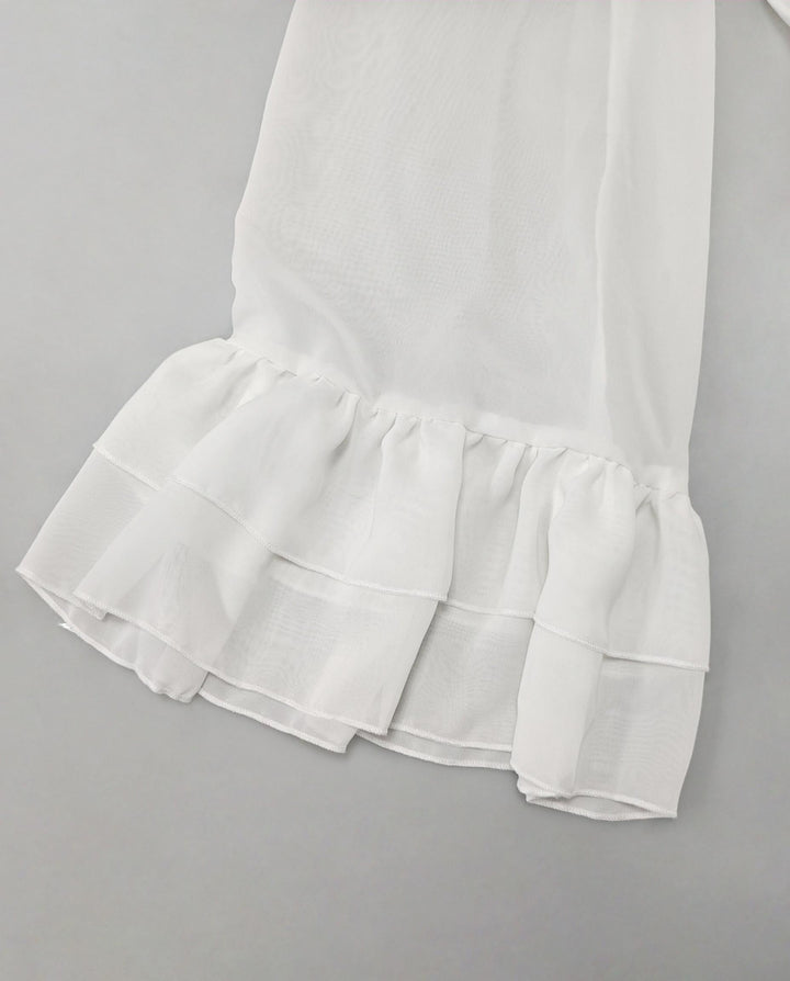 SOLACEWhite Sheer Chiffon Bow Neck Ruffled Cuffs Blouse