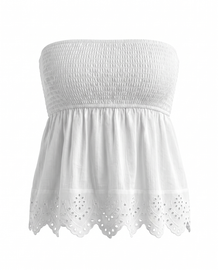 SOLACEWhite Smocked Strapless Eyelet Trim Tube Top