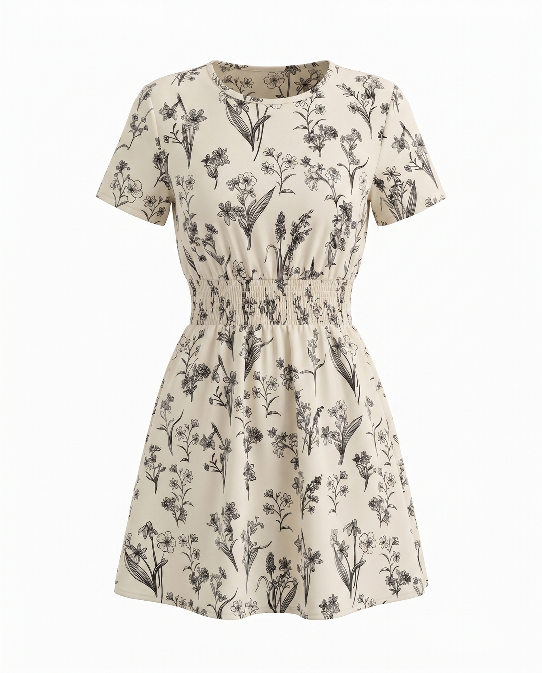 SOLACEWhite Smocked Waist Floral Print A-Line Mini Dress