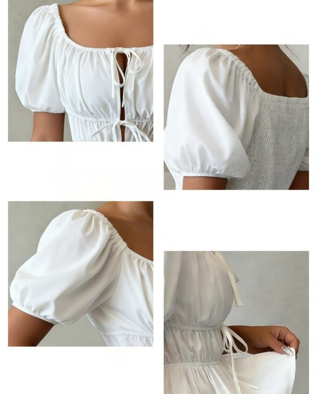 SOLACEWhite Square Neck Puff Sleeve Tie-Front Peplum Blouse