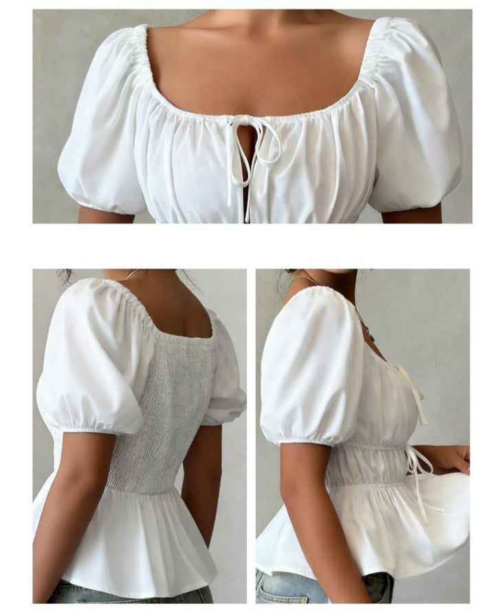 SOLACEWhite Square Neck Puff Sleeve Tie-Front Peplum Blouse