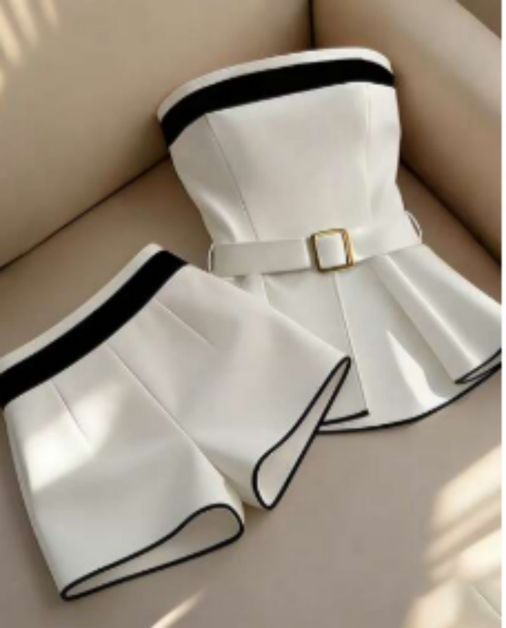 SOLACEWhite Trim Strapless Belted Peplum Two-Piece Short Set