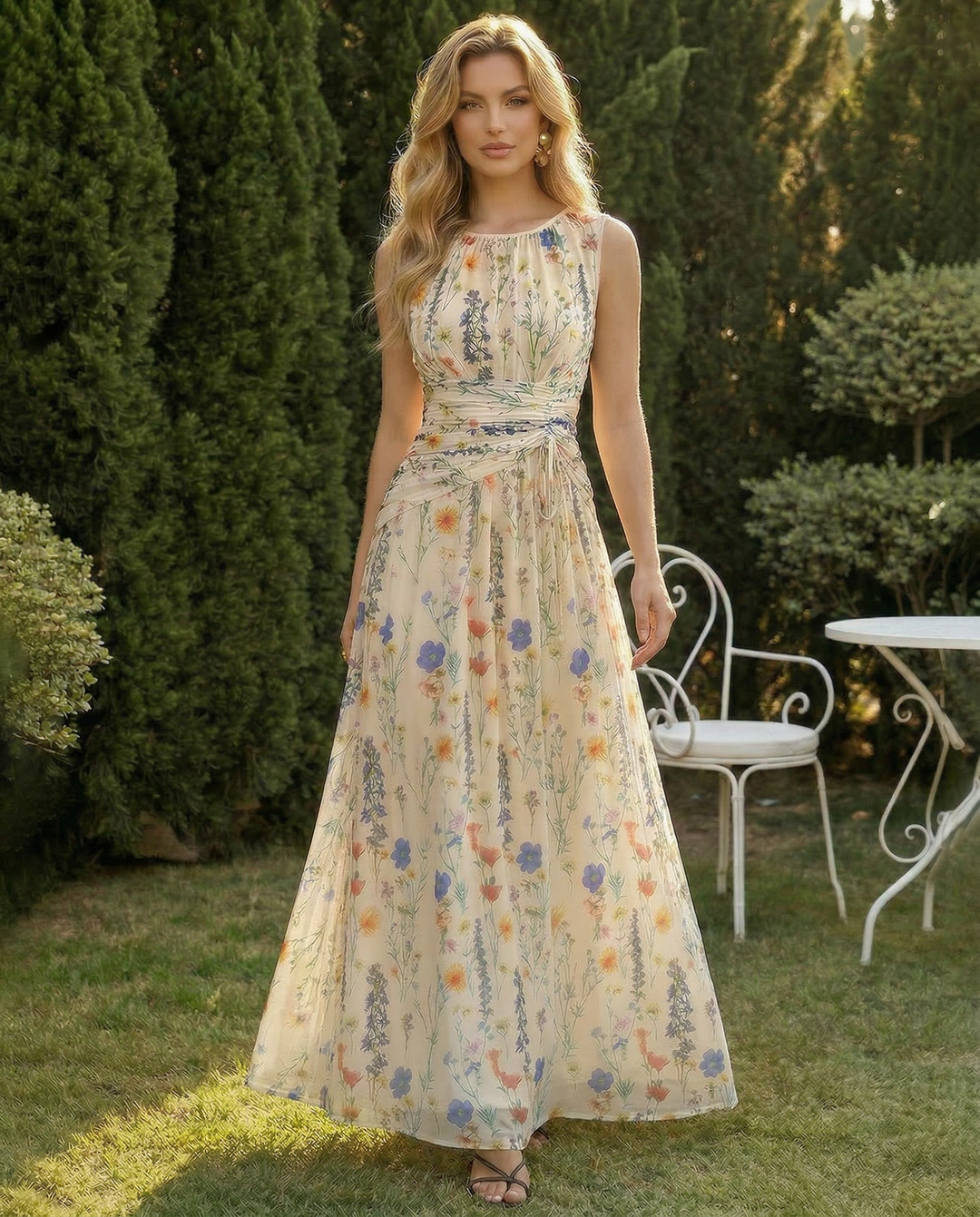 SOLACEWildflower Print Sleeveless Ruched Waist Maxi Dress