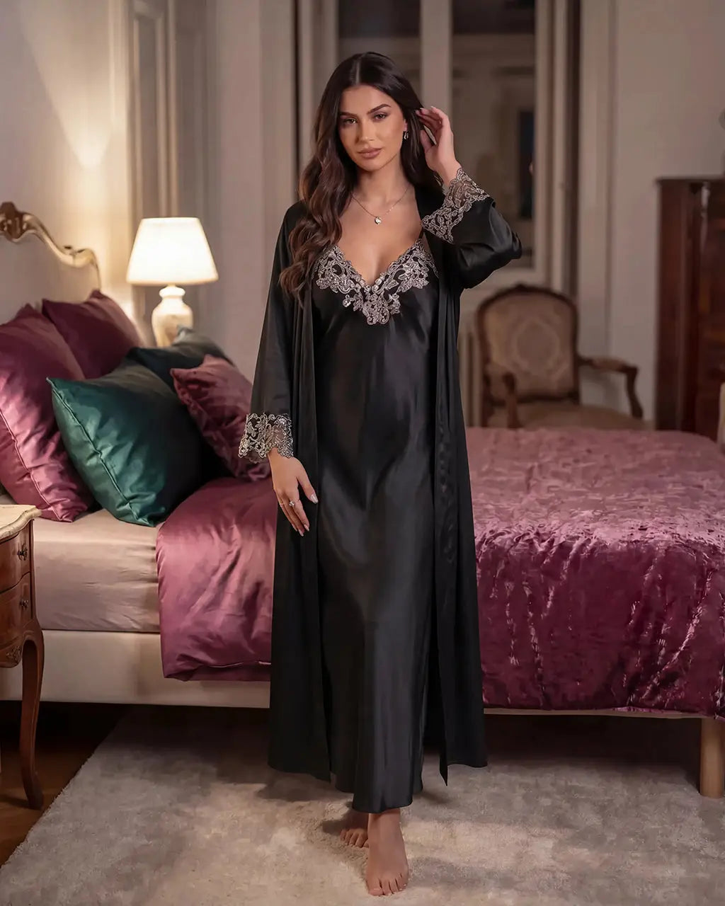 SOLACE CHICLace Trim Satin Long Nightgown Robes Set