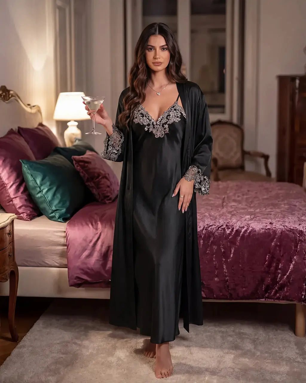 SOLACE CHICLace Trim Satin Long Nightgown Robes Set