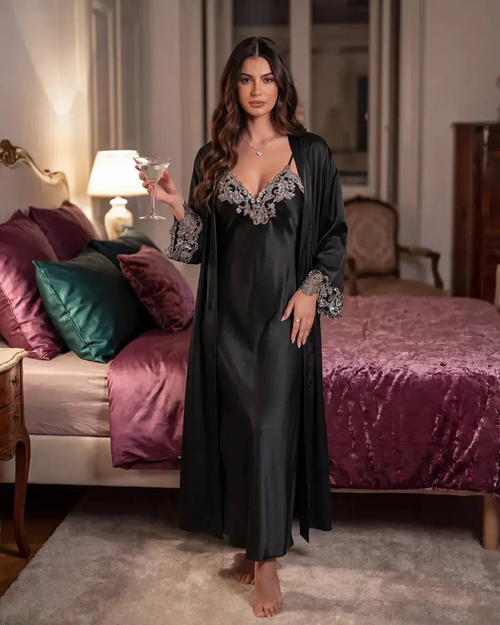 SOLACE CHICLace Trim Satin Long Nightgown Robes Set