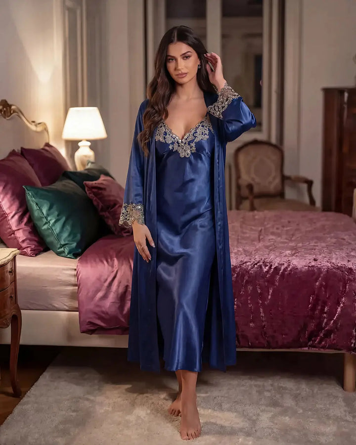 SOLACE CHICLace Trim Satin Long Nightgown Robes Set