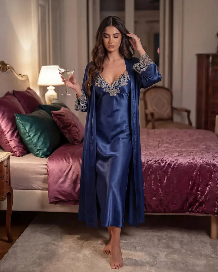 SOLACE CHICLace Trim Satin Long Nightgown Robes Set